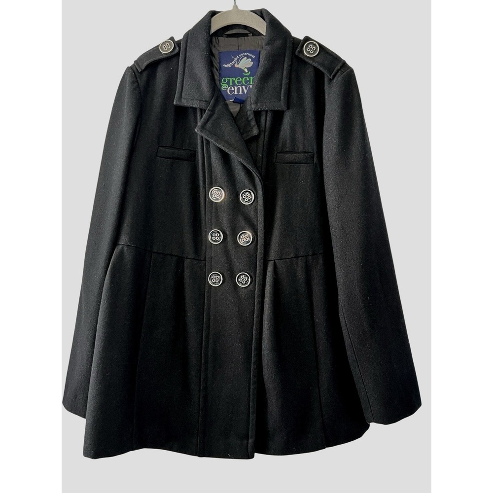 Green with Envy Women's L Black Wool Blend Pea Coat Peplum Button Back